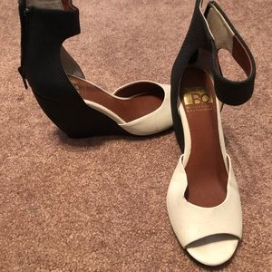 Cream and black leather wedges